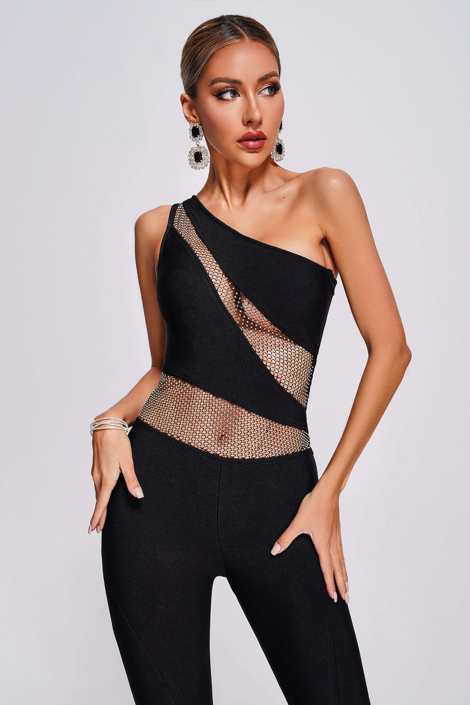 Trinvilla One Shoulder Mesh Bandage Jumpsuit