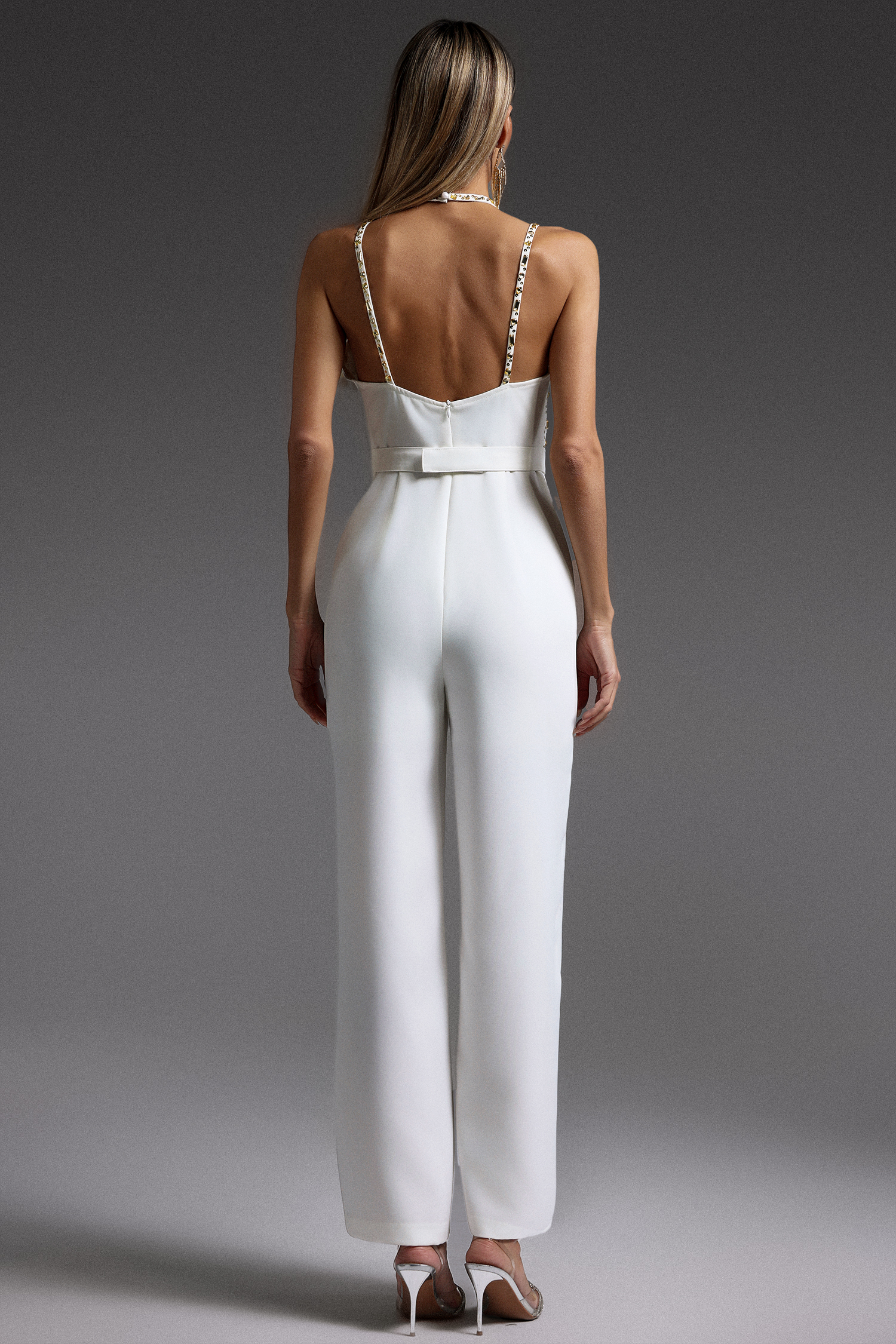 Vanina Halter Sleeveless V-Neck Diamond Maxi Jumpsuit