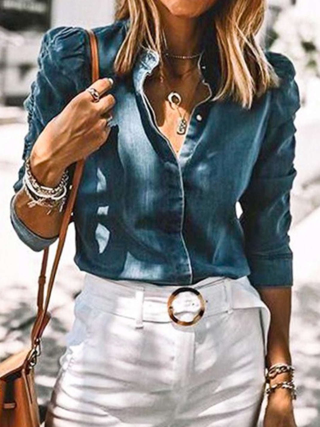 Denim Ruched Sleeve Top