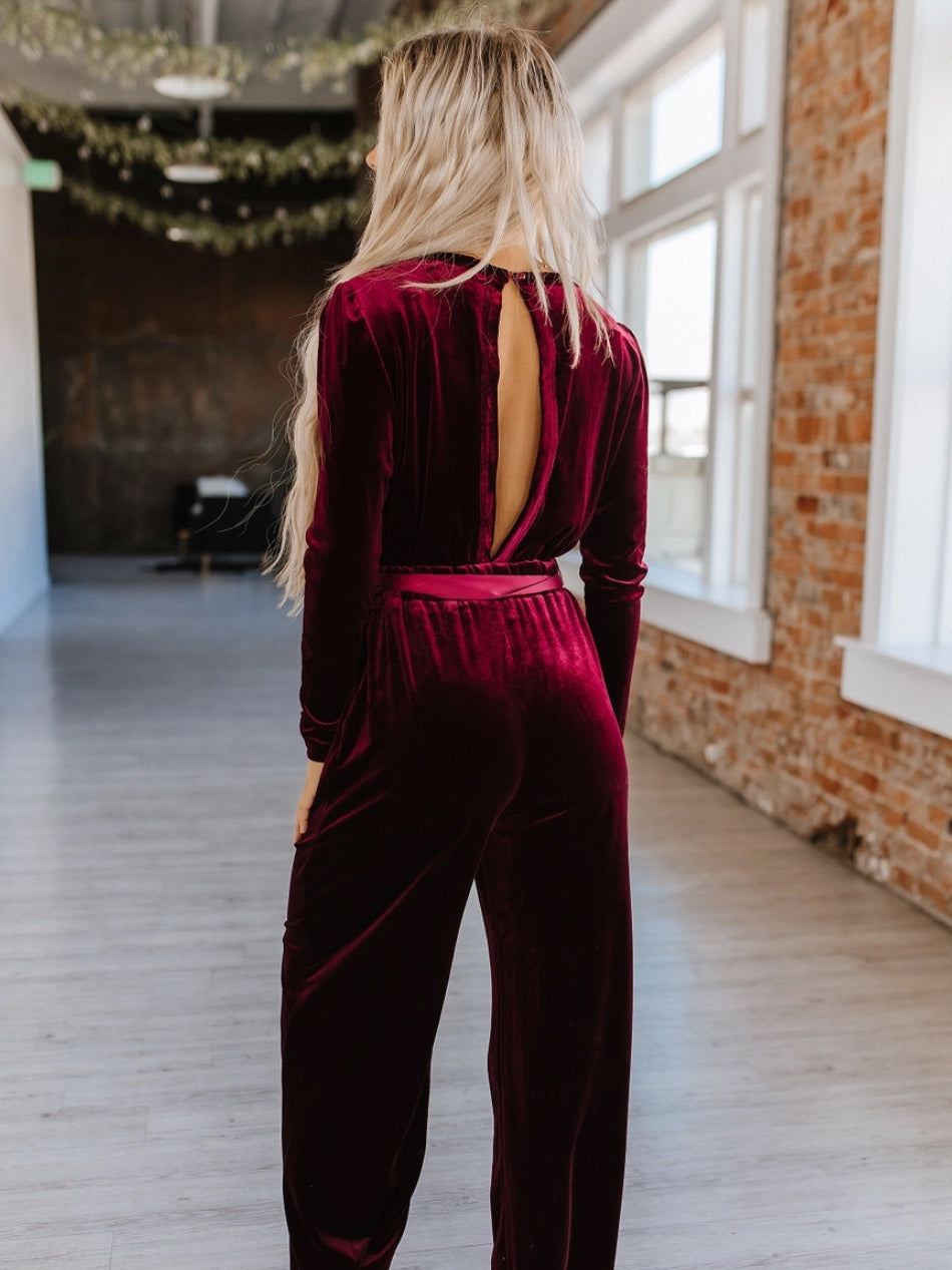 Carmine Velvet Wide Leg Jumpsuit