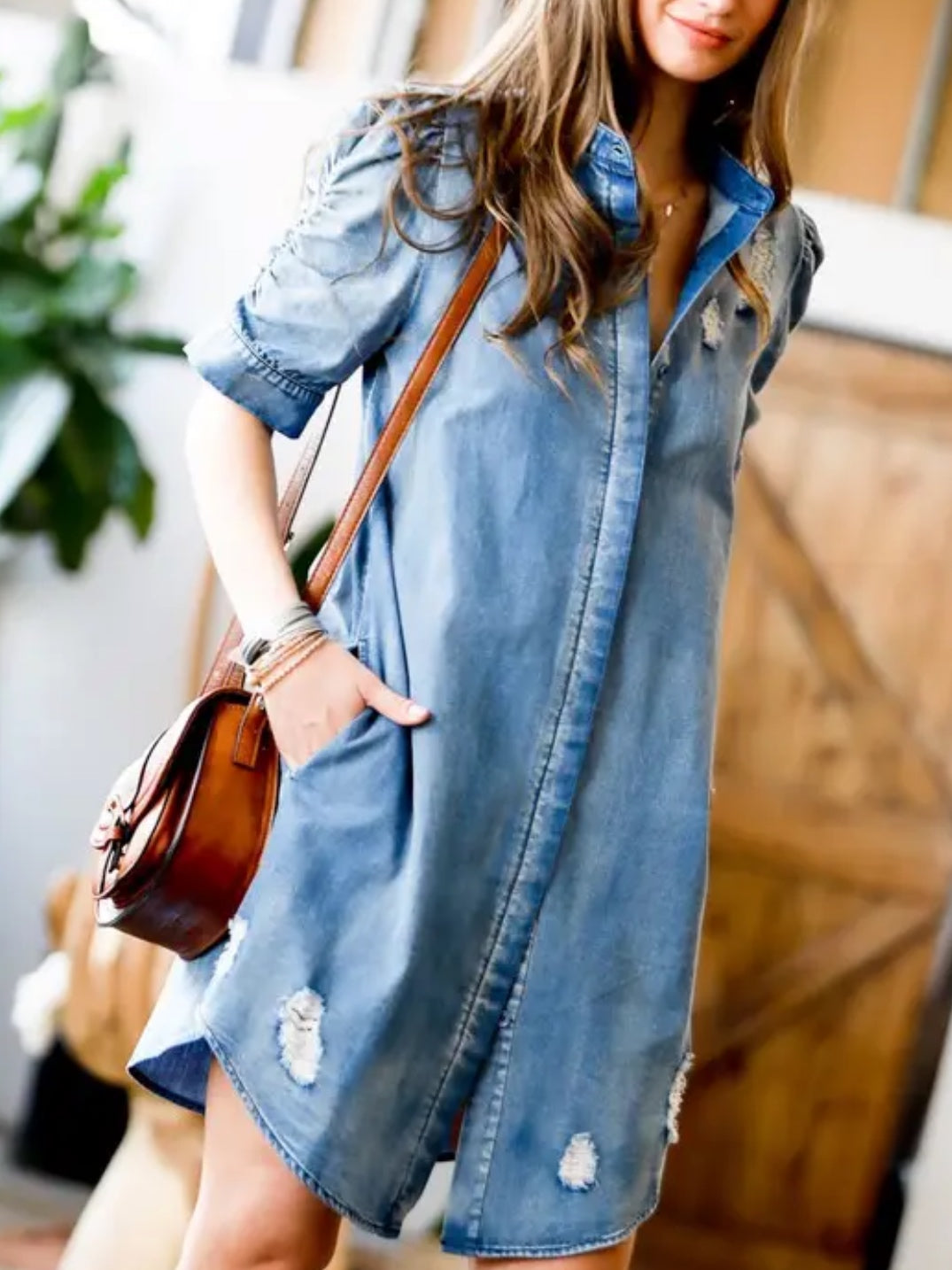 Denim Ruched Sleeve Dress