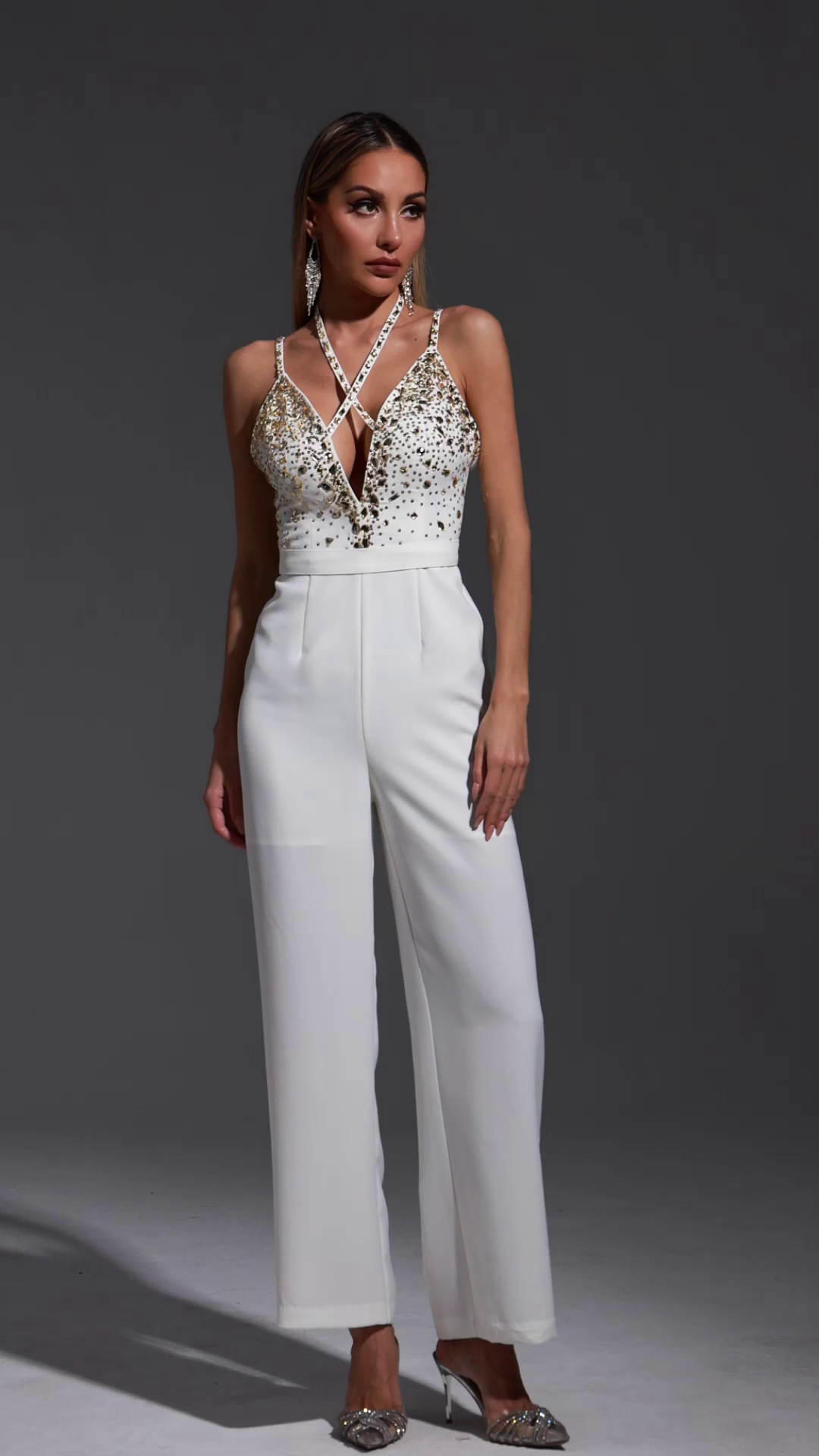 Vanina Halter Sleeveless V-Neck Diamond Maxi Jumpsuit