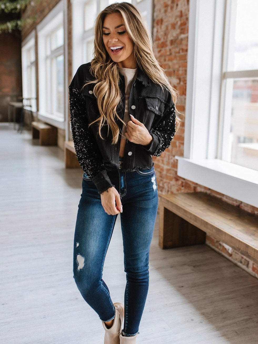 Beth Sequin Sleeve Jean Jacket