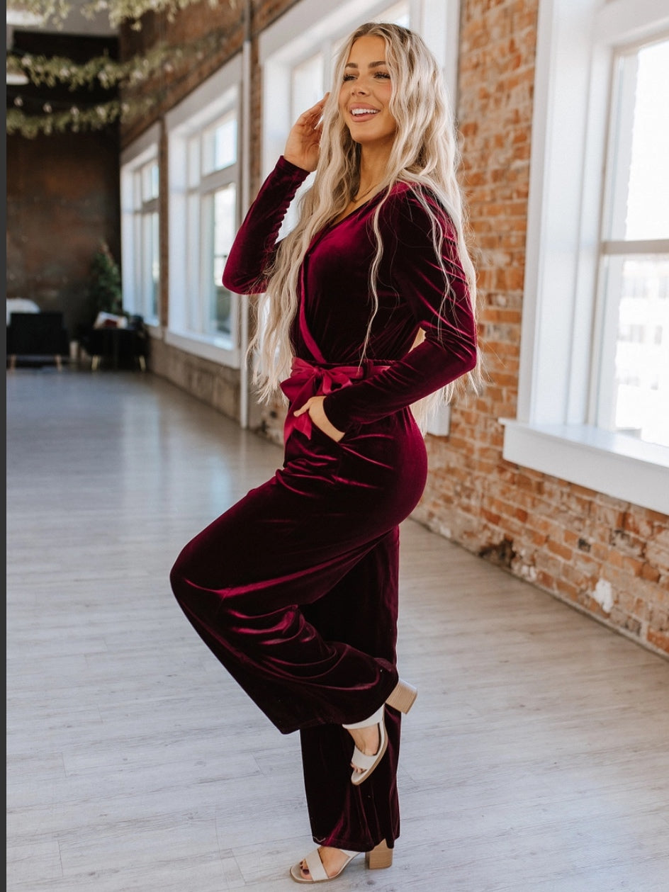 Carmine Velvet Wide Leg Jumpsuit